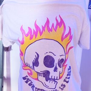 White T-Shirt with Skull and Flames Design